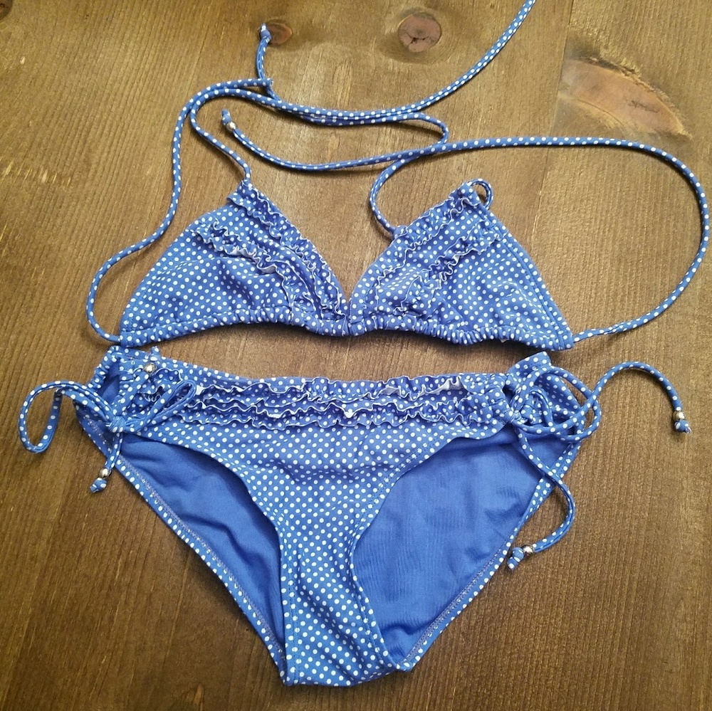 Royal blue polka dot bikini with ruffles